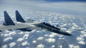 A Sukhoi 30 re-fuels mid-air during the Indian Air Force exercise.(Picture courtesy: Indian Air Force) A Sukhoi 30 re-fuels mid-air during the Indian Air Force exercise.(Picture courtesy: Indian Air Force)