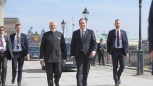 Prime Minister Narendra Modi and Sweden's Prime Minister Stefan Lofve walk from Sagerska House to the government building Rosenbad in Stockholm, Sweden,on Tuesday.(Reuters photo) Prime Minister Narendra Modi and Sweden's Prime Minister Stefan Lofve walk from Sagerska House to the government building Rosenbad in Stockholm, Sweden,on Tuesday.(Reuters photo)
