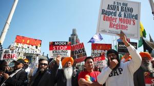 Demonstrators stage a protest against the visit by Prime Minister Narendra Modi in Parliament Square, London, Britain, April 18, 2018 over the rising tide of sexual violence in India.(REUTERS) Demonstrators stage a protest against the visit by Prime Minister Narendra Modi in Parliament Square, London, Britain, April 18, 2018 over the rising tide of sexual violence in India.(REUTERS)
