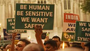 Peoples protest against the rape and murder of minors in Uttar Pradesh's Unnao and Jammu and Kashmir’s Kathua, in Kolkata on April 17, 2018.(Samir Jana/HT Photo) Peoples protest against the rape and murder of minors in Uttar Pradesh's Unnao and Jammu and Kashmir’s Kathua, in Kolkata on April 17, 2018.(Samir Jana/HT Photo)