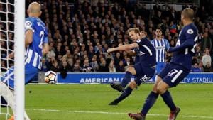 Harry Kane scored his 26th goal of the premier League campaign against Brighton and Hove Albion.(REUTERS) Harry Kane scored his 26th goal of the premier League campaign against Brighton and Hove Albion.(REUTERS)