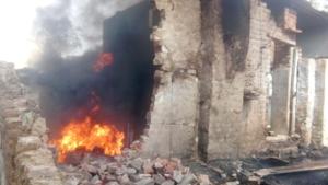 The illegal petrol store that caught fire in Bharatpur on Friday.(HT Photo) The illegal petrol store that caught fire in Bharatpur on Friday.(HT Photo)