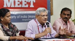 CPI(M) general secretary Sitaram Yechury addresses the media as a part of the 22nd Party National Congress in Hyderabad on Thursday.(PTI)
