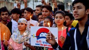 Students take part in a candle light march to protest against Kathua rape case, in Jabalpur on Thursday.(PTI Photo) Students take part in a candle light march to protest against Kathua rape case, in Jabalpur on Thursday.(PTI Photo)