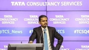 Rajesh Gopinathan, CEO and MD, TCS, speaks during a news conference in Mumbai. TCS posted a better-than-projected 4.5% rise in quarterly profit after scoring multi-billion dollar contracts recently and bolstered revenues from digital services like cloud and mobile.(Dhiraj Singh/Bloomberg) Rajesh Gopinathan, CEO and MD, TCS, speaks during a news conference in Mumbai. TCS posted a better-than-projected 4.5% rise in quarterly profit after scoring multi-billion dollar contracts recently and bolstered revenues from digital services like cloud and mobile.(Dhiraj Singh/Bloomberg)