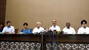 Congress leaders Ghulam Nabi Azad, Kapil Sibal, D. Raja (MP Rajya Sabha), K. T. S. Tulsi (MP Rajya Sabha) and others address the media after an all party meet at Constitution Club, in New Delhi, India, on Friday, April 20, 2018.(Sushil Kumar/HT PHOTO) Congress leaders Ghulam Nabi Azad, Kapil Sibal, D. Raja (MP Rajya Sabha), K. T. S. Tulsi (MP Rajya Sabha) and others address the media after an all party meet at Constitution Club, in New Delhi, India, on Friday, April 20, 2018.(Sushil Kumar/HT PHOTO)