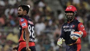 Delhi Daredevils' Shahbaz Nadeem, left gestures after taking wicket of Kolkata Night Riders' Robin Uthappa during VIVO IPL cricket T20 match in Kolkata, India, Monday, April 16, 2018. (AP Photo/Bikas Das)(AP) Delhi Daredevils' Shahbaz Nadeem, left gestures after taking wicket of Kolkata Night Riders' Robin Uthappa during VIVO IPL cricket T20 match in Kolkata, India, Monday, April 16, 2018. (AP Photo/Bikas Das)(AP)