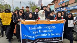Lawyers and students hold placards during a protest demanding justice for the 8-year-old girl who was raped and murdered in Kathua, Srinagar, April 18, 2018(PTI) Lawyers and students hold placards during a protest demanding justice for the 8-year-old girl who was raped and murdered in Kathua, Srinagar, April 18, 2018(PTI)