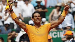 Rafael Nadal celebrates after beating Grigor Dimitrov at the Monte Carlo Masters tennis tournament on Saturday.(AP)