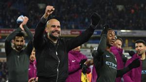Pep Guardiola has called on his Manchester City players to chase a points record in the Premier League.(AFP) Pep Guardiola has called on his Manchester City players to chase a points record in the Premier League.(AFP)