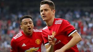 Manchester United's Ander Herrera celebrates scoring their second goal against Tottenham Hotspur in their FA Cup match on Saturday.(REUTERS) Manchester United's Ander Herrera celebrates scoring their second goal against Tottenham Hotspur in their FA Cup match on Saturday.(REUTERS)