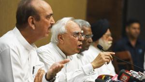 Opposition leaders speak to the media at a press conference after seven opposition parties led by the Congress submitted to vice president and Rajya Sabha chairman M Venkaiah Naidu a notice seeking the impeachment of Chief Justice of India, in New Delhi on Friday.(Raj K Raj/HT PHOTO) Opposition leaders speak to the media at a press conference after seven opposition parties led by the Congress submitted to vice president and Rajya Sabha chairman M Venkaiah Naidu a notice seeking the impeachment of Chief Justice of India, in New Delhi on Friday.(Raj K Raj/HT PHOTO)