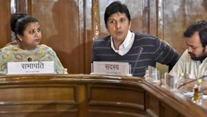 AAP leaders Rakhi Bidlan and Saurabh Bhardwaj at Delhi Legislative Assembly. Bhardwaj alleged that Delhi Police “shamelessly reached its new low and is a tool in the hands of the central government to settle score”.(PTI FILE) AAP leaders Rakhi Bidlan and Saurabh Bhardwaj at Delhi Legislative Assembly. Bhardwaj alleged that Delhi Police “shamelessly reached its new low and is a tool in the hands of the central government to settle score”.(PTI FILE)
