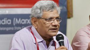 CPI(M) General Secretary Sitaram Yechury addresses the media persons as part of the 22nd Party National Congress in Hyderabad on Thursday.(PTI Photo)