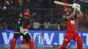 Royal Challengers Bangalore batsman AB de Villiers, right, plays a shot during their IPL 2018 match against Delhi Daredevils on Saturday.(AP) Royal Challengers Bangalore batsman AB de Villiers, right, plays a shot during their IPL 2018 match against Delhi Daredevils on Saturday.(AP)