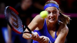 Czech Republic’s Petra Kvitova in action during her singles match against Germany’s Angelique Kerber in the Fed Cup.(REUTERS)