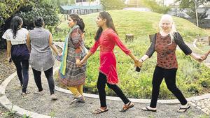 Visually impaired students take a walk on the tactile pathway in the sensory garden on Friday.(Sanket Wankhade/HT PHOTO) Visually impaired students take a walk on the tactile pathway in the sensory garden on Friday.(Sanket Wankhade/HT PHOTO)