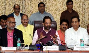 Minority affairs minister Mukhtar Abbas Naqvi addresses media at Haj house on Sunday.(Bhushan Koyande/HT) Minority affairs minister Mukhtar Abbas Naqvi addresses media at Haj house on Sunday.(Bhushan Koyande/HT)