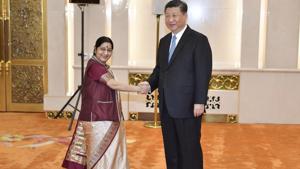 Sushma Swaraj (left) called on Xi Jinping along with other foreign ministers of SCO. Xi said China regards boosting the development of SCO as one of its diplomatic priorities.(AP) Sushma Swaraj (left) called on Xi Jinping along with other foreign ministers of SCO. Xi said China regards boosting the development of SCO as one of its diplomatic priorities.(AP)