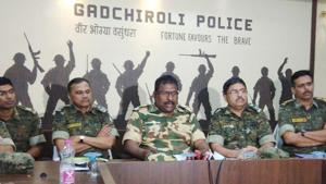 Gadchiroli police officials address a press conference after carrying out an encounter with Maoists on Tuesday.(PTI Photo) Gadchiroli police officials address a press conference after carrying out an encounter with Maoists on Tuesday.(PTI Photo)