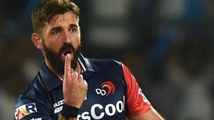 Delhi Daredevils bowler Liam Plunkett celebrates the wicket of Kings XI Punjab’s (KXIP) Mayank Agarwal (not in the picture) during their 2018 Indian Premier League (IPL 2018) at the Feroz Shah Kotla cricket stadium in New Delhi on Monday.(AFP) Delhi Daredevils bowler Liam Plunkett celebrates the wicket of Kings XI Punjab’s (KXIP) Mayank Agarwal (not in the picture) during their 2018 Indian Premier League (IPL 2018) at the Feroz Shah Kotla cricket stadium in New Delhi on Monday.(AFP)