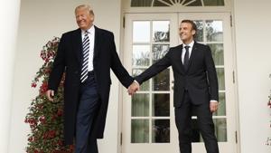 Emmanuel Macron (right) is in Washington to convince Donald Trump not to walk away from the nuclear deal with Iran.(Reuters) Emmanuel Macron (right) is in Washington to convince Donald Trump not to walk away from the nuclear deal with Iran.(Reuters)