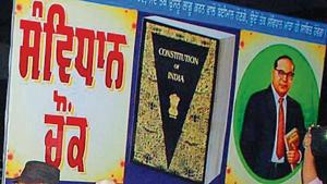 A board with the name Samvidhan Chowk in Punjabi and a photo of Dalit icon BR Ambedkar, who is regarded as the Constitution’s main architect, put up on April 13 at a roundabout otherwise known as Gol Chowk. This had led to violent clashes between Dalit groups and ‘upper caste’ Hindu right wing groups.(HT File) A board with the name Samvidhan Chowk in Punjabi and a photo of Dalit icon BR Ambedkar, who is regarded as the Constitution’s main architect, put up on April 13 at a roundabout otherwise known as Gol Chowk. This had led to violent clashes between Dalit groups and ‘upper caste’ Hindu right wing groups.(HT File)