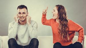 couple having argument - conflict, bad relationships. Angry fury woman screaming man closing his ears.(Getty Images/iStockphoto) couple having argument - conflict, bad relationships. Angry fury woman screaming man closing his ears.(Getty Images/iStockphoto)