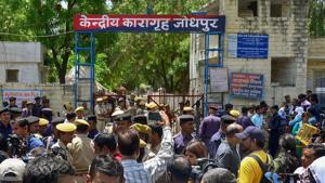 Security personnel stand guard outside Central Jail ahead of the trial court verdict in the rape case against self-styled godman Asaram in Jodhpur on Wednesday.(PTI Photo) Security personnel stand guard outside Central Jail ahead of the trial court verdict in the rape case against self-styled godman Asaram in Jodhpur on Wednesday.(PTI Photo)