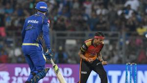 Siddarth Kaul took three wickets as Sunrisers Hyderabad defended 119 against Mumbai Indians to pile on the misery on Rohit Sharma’s side.(AFP) Siddarth Kaul took three wickets as Sunrisers Hyderabad defended 119 against Mumbai Indians to pile on the misery on Rohit Sharma’s side.(AFP)