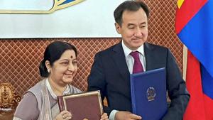 External affairs minister Sushma Swaraj and Mongolian foreign minister Damdin Tsogtbaatar pose for a picture during a signing ceremony during the 6th India-Mongolia Joint Committee meeting at Ulaanbaatar in Mongolia on Wednesday.(PTI Photo) External affairs minister Sushma Swaraj and Mongolian foreign minister Damdin Tsogtbaatar pose for a picture during a signing ceremony during the 6th India-Mongolia Joint Committee meeting at Ulaanbaatar in Mongolia on Wednesday.(PTI Photo)