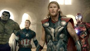 Hulk (Mark Ruffalo), Captain America (Chris Evans), Thor (Chris Hemsworth), Iron Man (Robert Downey Jr.), Black Widow (Scarlett Johansson), and Hawkeye (Jeremy Renner) in a still from Avengers: Age of Ultron. Hulk (Mark Ruffalo), Captain America (Chris Evans), Thor (Chris Hemsworth), Iron Man (Robert Downey Jr.), Black Widow (Scarlett Johansson), and Hawkeye (Jeremy Renner) in a still from Avengers: Age of Ultron.