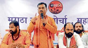 Leaders of the Maratha Kranti Morcha, Abasaheb Patil, Manikrao Shinde, and Ramesh Kare Patil at the YB Chavan auditorium on Saturday.(HT Photo) Leaders of the Maratha Kranti Morcha, Abasaheb Patil, Manikrao Shinde, and Ramesh Kare Patil at the YB Chavan auditorium on Saturday.(HT Photo)