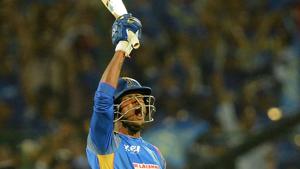 Rajasthan Royals batsman K Gowtham celebrates after hitting the winning runs during the 2018 Indian Premier League (IPL 2018) match against Mumbai Indians in Jaipur on April 22.(AFP) Rajasthan Royals batsman K Gowtham celebrates after hitting the winning runs during the 2018 Indian Premier League (IPL 2018) match against Mumbai Indians in Jaipur on April 22.(AFP)