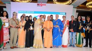 Uttar Pradesh chief minister Yogi Adityanath with awardees at the HT Woman Award function in Lucknow on Sunday.(Dheeraj Dhawan/HT Photo) Uttar Pradesh chief minister Yogi Adityanath with awardees at the HT Woman Award function in Lucknow on Sunday.(Dheeraj Dhawan/HT Photo)