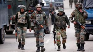 Army soldiers patrol a street near the site of a gunbattle between security forces and suspected militants in Khudwani village of south Kashmir's Kulgam district, on April 11, 2018.(REUTERS) Army soldiers patrol a street near the site of a gunbattle between security forces and suspected militants in Khudwani village of south Kashmir's Kulgam district, on April 11, 2018.(REUTERS)