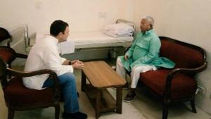 Congress president Rahul Gandhi meets Lalu Prasad at AIIMS hospital in New Delhi.(ANI Photo) Congress president Rahul Gandhi meets Lalu Prasad at AIIMS hospital in New Delhi.(ANI Photo)