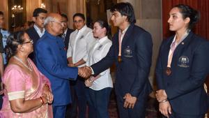 President Ram Nath Kovind and sports minister Rajyavardhan Rathore greet 2018 Commonwealth Games medallists at Rashtrapati Bhavan in New Delhi on Monday.(PTI) President Ram Nath Kovind and sports minister Rajyavardhan Rathore greet 2018 Commonwealth Games medallists at Rashtrapati Bhavan in New Delhi on Monday.(PTI)