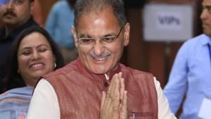 Newly elected Jammu and Kashmir deputy CM Kavinder Gupta after taking oath in Jammu on Monday.(PTI) Newly elected Jammu and Kashmir deputy CM Kavinder Gupta after taking oath in Jammu on Monday.(PTI)