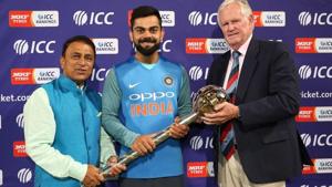 Indian cricket team captain Virat Kohli received the ICC Test Championship Mace in February.(Cricket South Africa/ICC) Indian cricket team captain Virat Kohli received the ICC Test Championship Mace in February.(Cricket South Africa/ICC)