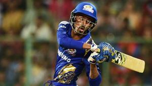 Mumbai Indians' Hardik Pandya plays a shot against Royal Challengers Bangalore during their Indian Premier League (IPL) 2018 match at Chinnaswamy Stadium in Bangalore on Tuesday.(PTI) Mumbai Indians' Hardik Pandya plays a shot against Royal Challengers Bangalore during their Indian Premier League (IPL) 2018 match at Chinnaswamy Stadium in Bangalore on Tuesday.(PTI)