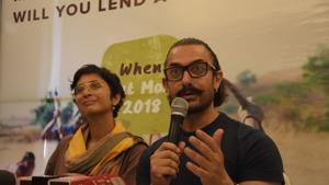 Aamir Khan and his wife Kiran Rao address a press conference regarding Jalmitra campaign for their Paani Foundation in Nagpur.(IANS) Aamir Khan and his wife Kiran Rao address a press conference regarding Jalmitra campaign for their Paani Foundation in Nagpur.(IANS)