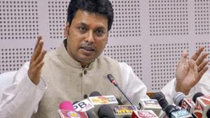 Tripura Chief Minister Biplab Kumar Deb has advised youth to rear cows for regular income rather than running after government jobs.(PTI) Tripura Chief Minister Biplab Kumar Deb has advised youth to rear cows for regular income rather than running after government jobs.(PTI)