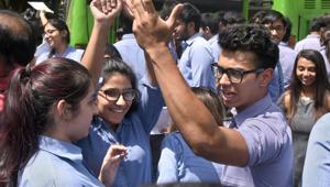 CBSE students cheer after taking the class XII Economics retest at Meter Dei School, in New Delhi, on April 25, 2018. The exam, which was earlier cancelled by the CBSE after the question paper got leaked, was conducted across 4,000 centres in the country.(Sushil Kumar/HT Photo)