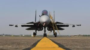 An Indian Air Force (IAF) Sukhoi fighter jet, developed by Sukhoi Aviation Holding Co., sits on the tarmac at the Kalaikunda Air Force Station, West Bengal, India.(Anindito Mukherjee/Bloomberg) An Indian Air Force (IAF) Sukhoi fighter jet, developed by Sukhoi Aviation Holding Co., sits on the tarmac at the Kalaikunda Air Force Station, West Bengal, India.(Anindito Mukherjee/Bloomberg)