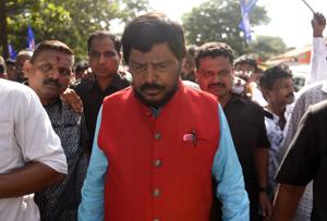 Union Minister Ramnath Athawale leads a morcha on Wednesday.(HT photo) Union Minister Ramnath Athawale leads a morcha on Wednesday.(HT photo)