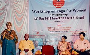 (From Left)Sathya Lakshmi, director, National Institute of Naturopathy; AK Mishra, administration officer, NIN; Jyothi Unni, head of gynecology, Jehangir Hospital; and Parag Biniwale, president, Indian menopause society during the one-day workshop on Thursday.(SHANKAR NARAYAN/HT PHOTO) (From Left)Sathya Lakshmi, director, National Institute of Naturopathy; AK Mishra, administration officer, NIN; Jyothi Unni, head of gynecology, Jehangir Hospital; and Parag Biniwale, president, Indian menopause society during the one-day workshop on Thursday.(SHANKAR NARAYAN/HT PHOTO)