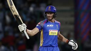 Rajasthan Royals' Jos Buttler raises his bat after scoring a quick fifty during their IPL 2018 match against Delhi Daredevils in New Delhi on Wednesday.(AP) Rajasthan Royals' Jos Buttler raises his bat after scoring a quick fifty during their IPL 2018 match against Delhi Daredevils in New Delhi on Wednesday.(AP)