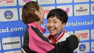 Seo Hyowon, right, from South Korea and Kim Song I from North Korea together in Halmstad on Thursday after North and South Korea combined their women’s teams at the table tennis team world championships.(AP) Seo Hyowon, right, from South Korea and Kim Song I from North Korea together in Halmstad on Thursday after North and South Korea combined their women’s teams at the table tennis team world championships.(AP)