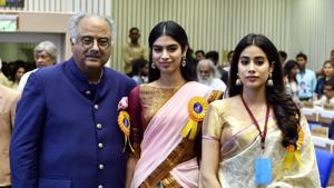 Film producer Boney Kapoor and his daughters Janhvi and Khushi, during the 65th National Film Awards function at Vigyan Bhavan in New Delhi on Thursday.(PTI) Film producer Boney Kapoor and his daughters Janhvi and Khushi, during the 65th National Film Awards function at Vigyan Bhavan in New Delhi on Thursday.(PTI)